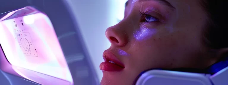 a cutting-edge cavitation device being used to sculpt and slim a facial profile, with the high-tech technology reflected in the sleek, modern design and glowing display.
