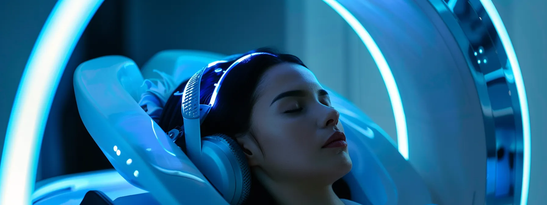 a futuristic-looking scalp treatment device emitting a soft, blue light, surrounded by sleek, modern technology.