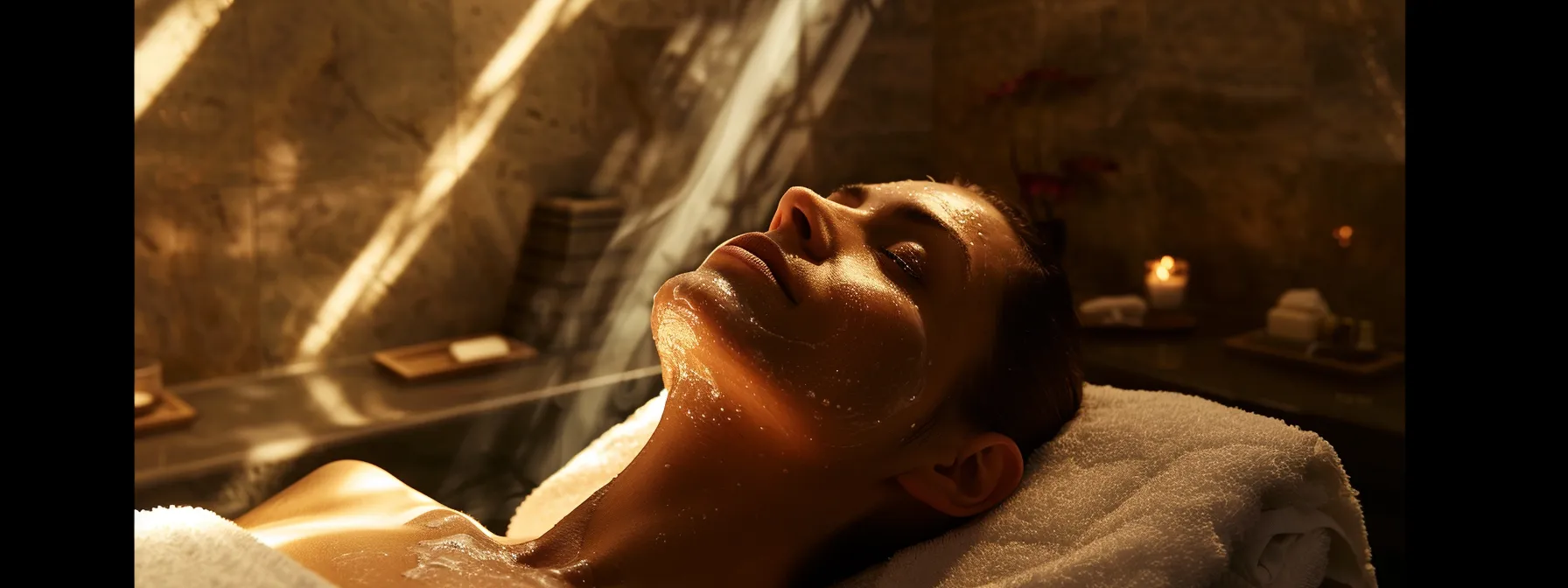 a radiant woman with flawless skin receiving a mesotherapy treatment in a luxurious spa setting.