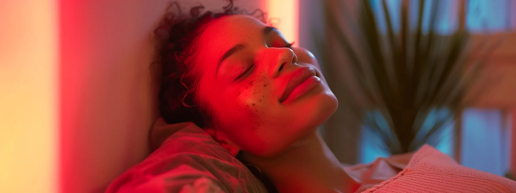 a serene image of a woman basking in the soothing red light of a therapy lamp, with her skin glowing and looking radiant.