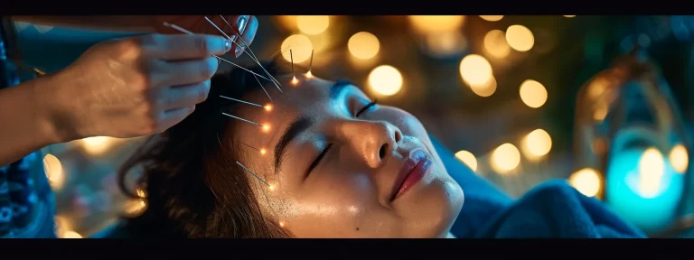 a serene woman receiving acupuncture on her face, surrounded by soft lighting and relaxing atmosphere.