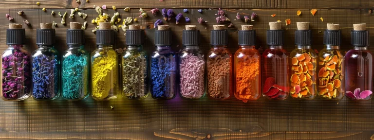 a vibrant array of colorful herbs and oils arranged on a wooden table, symbolizing natural remedies for scar and acne treatment.