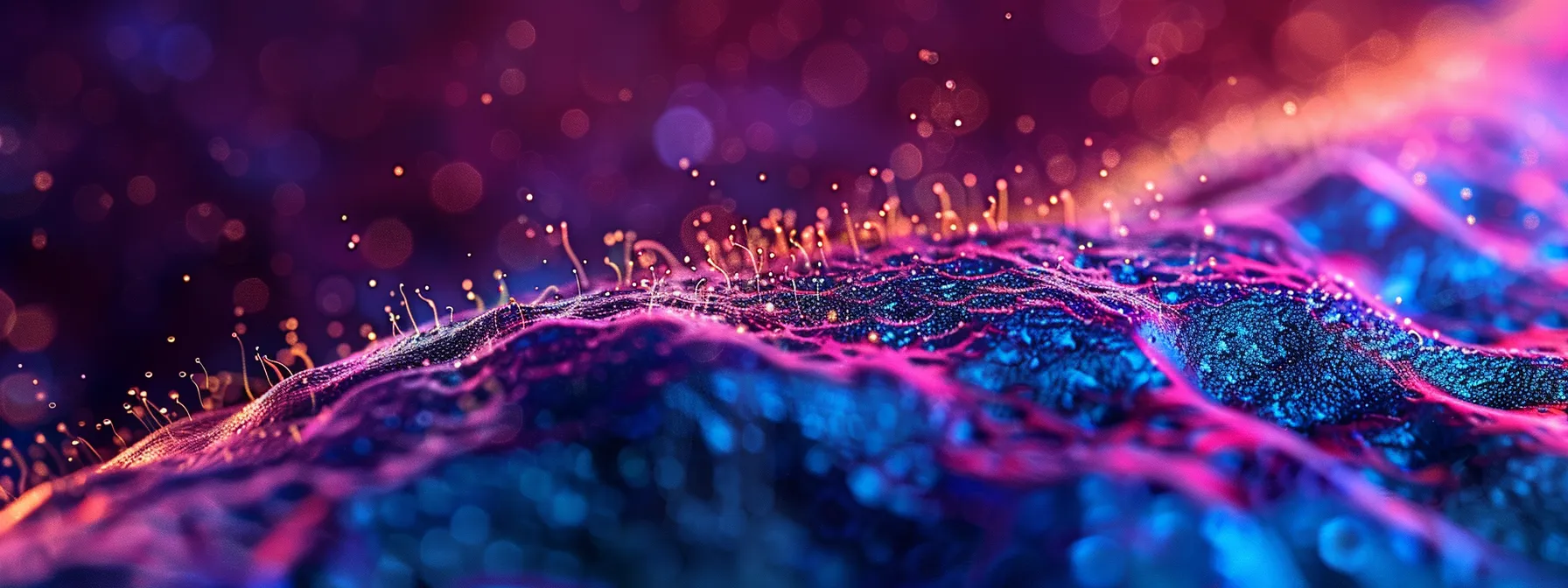 a vibrant microscope image capturing the intricate process of stem cell therapy repairing a scar on human skin.